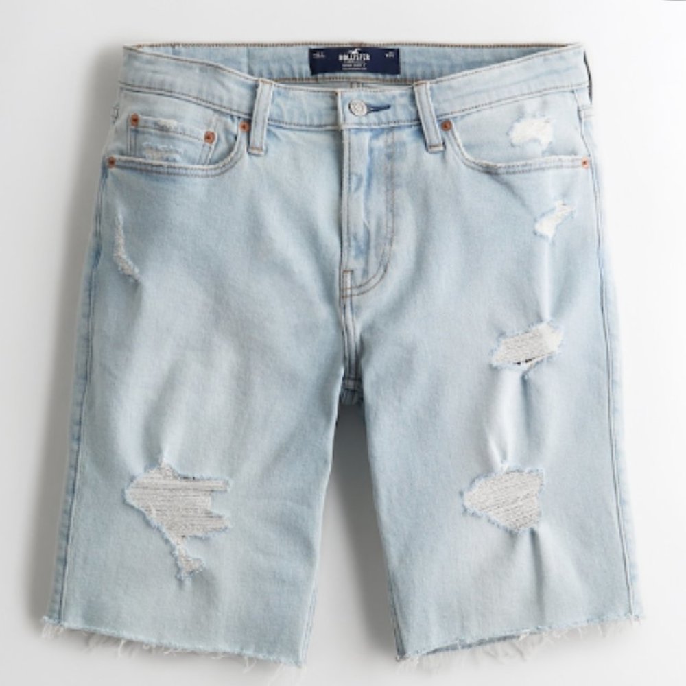 Hollister Mens Ripped Light Wash Denim Short 9" 28w